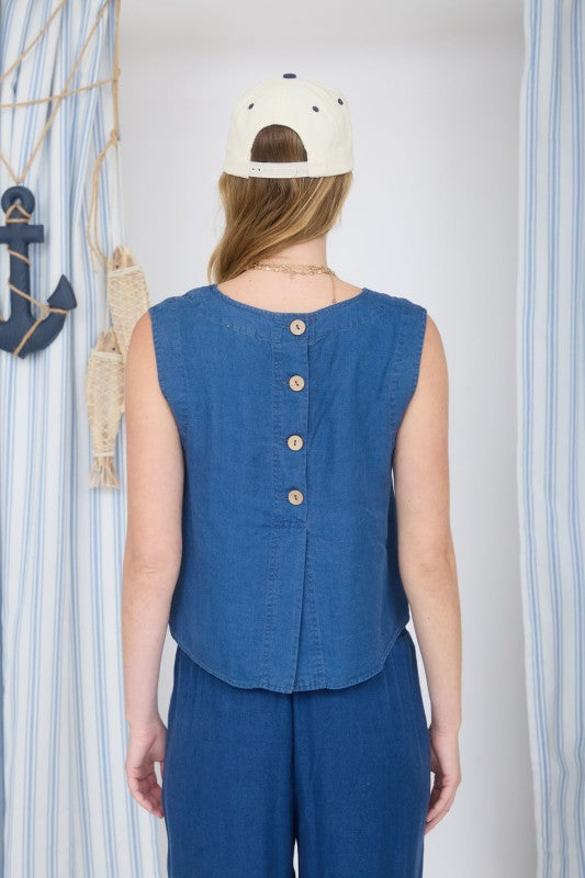 blue sleeveless button chambray top