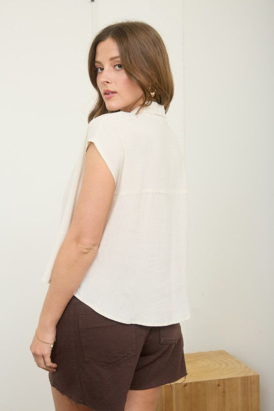 oatmeal short sleeve button top