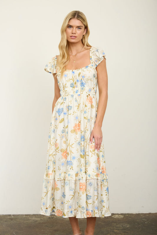 blu pepper off white floral flutter sleeve midi dress