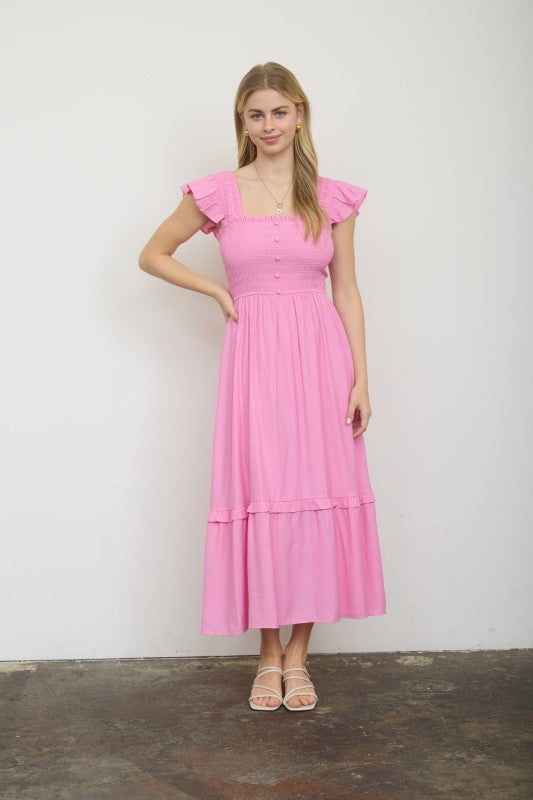 blu pepper pink ruffle strap midi dress