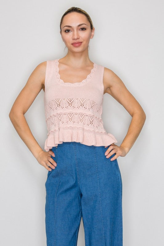 pink sleeveless knit ruffle tank