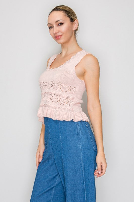 pink knit sleeveless ruffle tank top