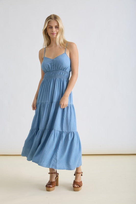 blu pepper blue sleeveless fit and flare chambray dress