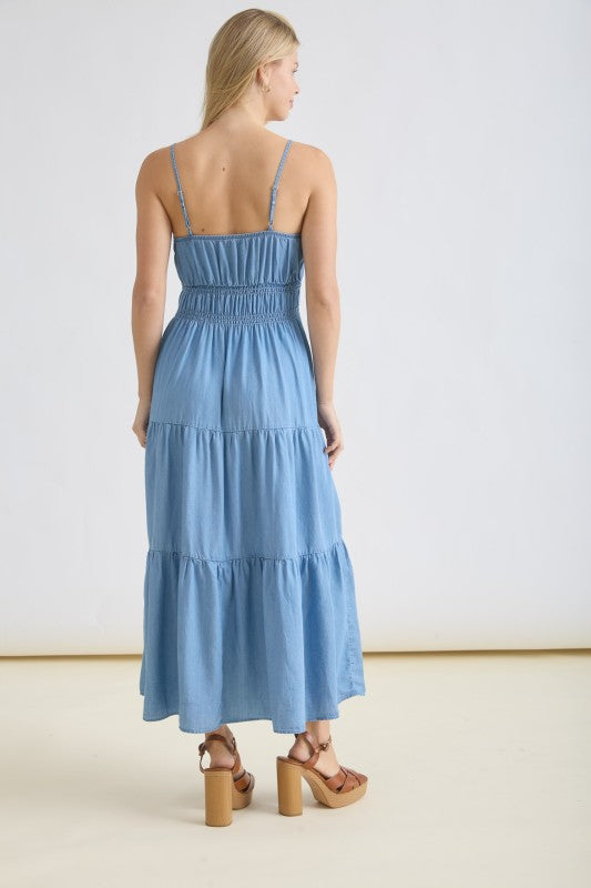 light blue sleeveless chambray midi dress