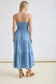 light blue sleeveless chambray midi dress