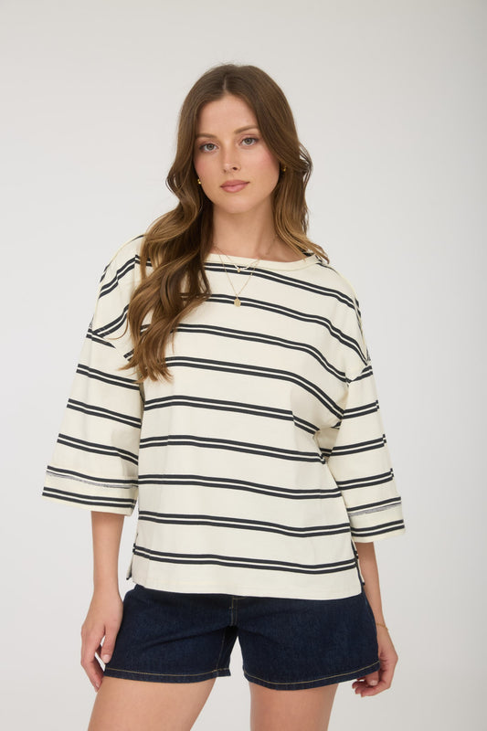 blu pepper cream striped quarter length sleeve top