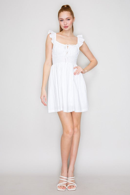 white elastic waist ruffle sleeve dress