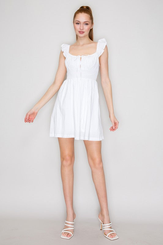 white ruffle sleeve fit and flare short dress