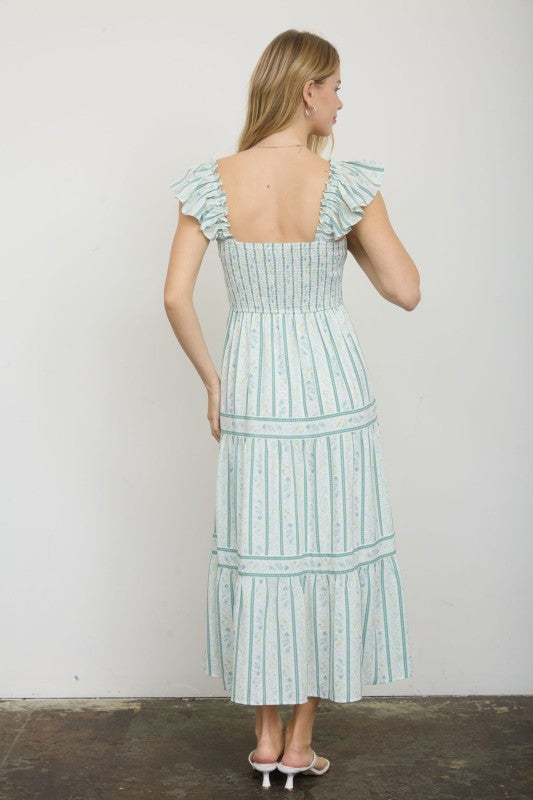 Sage Floral Striped Smocked Midi Dress