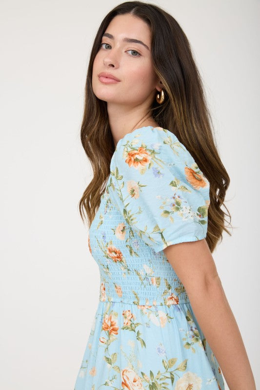 light blue floral short sleeve midi dress