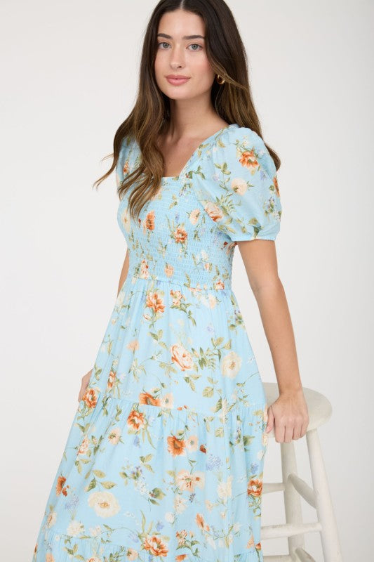 mint blue floral puff sleeve fit and flare dress