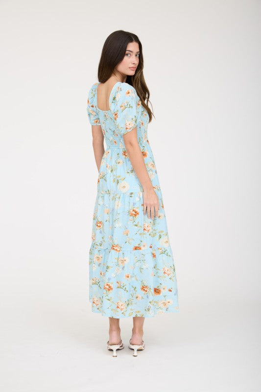 light blue floral short sleeve long dress