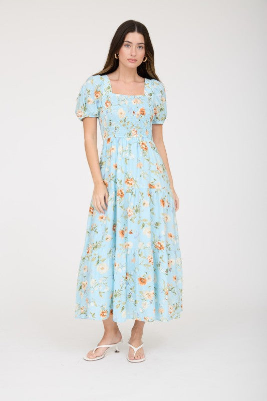 blu pepper mint blue floral puff sleeve midi dress