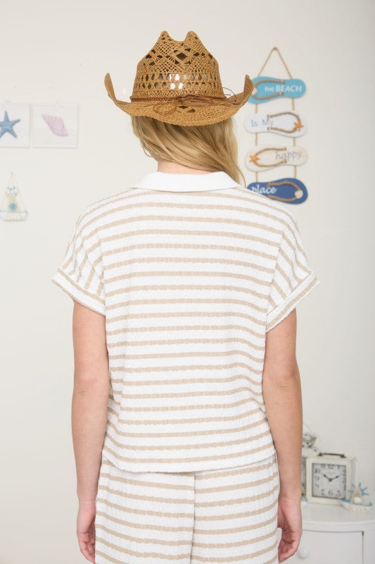 cream and brown striped collared top