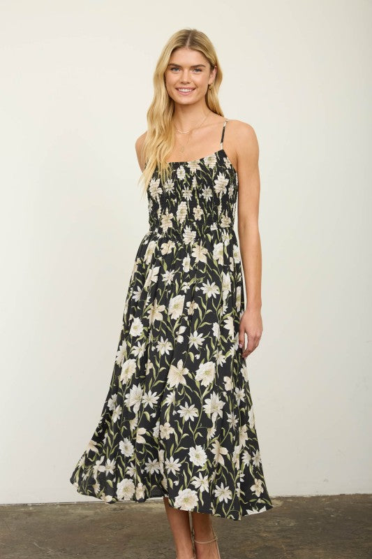 blu pepper black floral sleeveless fit and flare midi dress