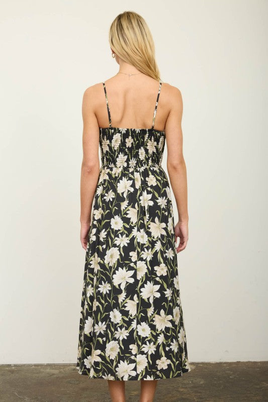 black floral spaghetti strap midi dress