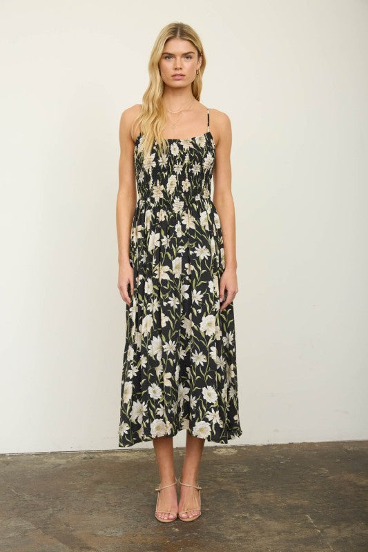 blu pepper black floral spaghetti strap long dress