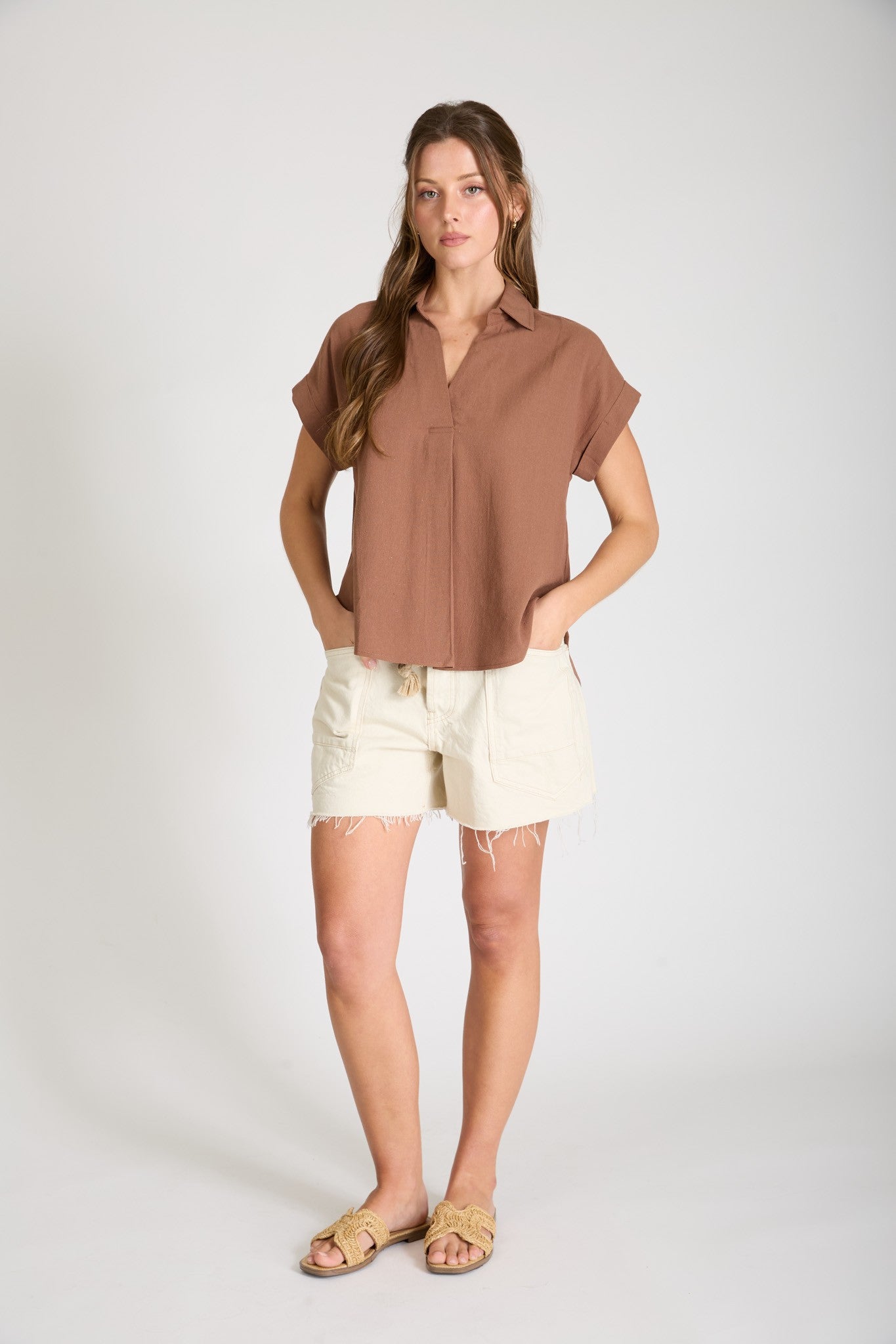 brown short sleeve fall blouse