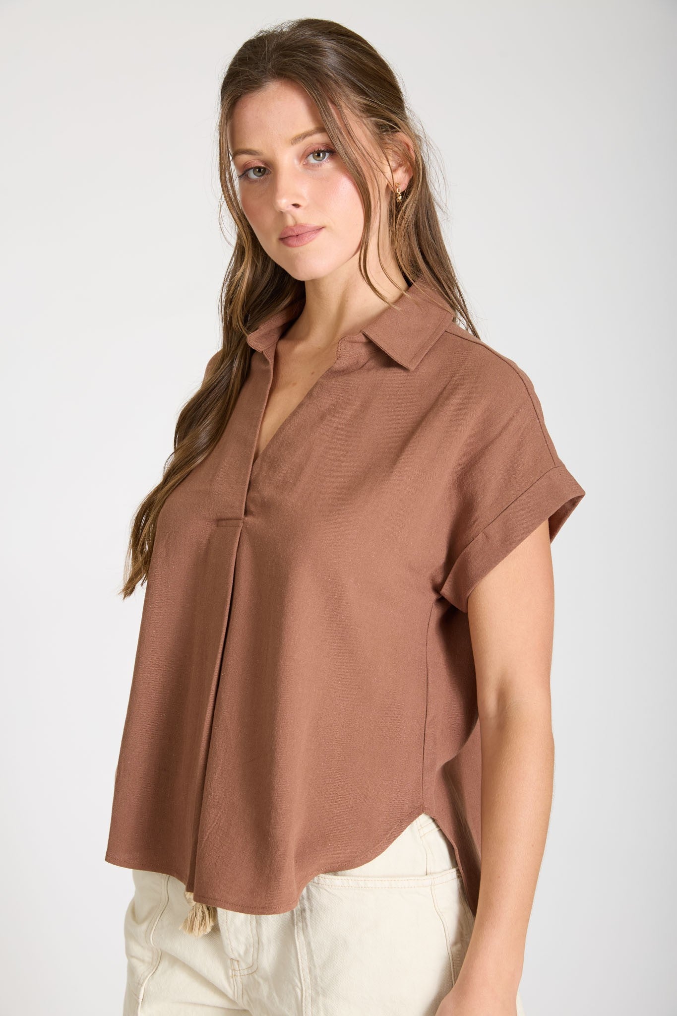 brown loose fitting collared shirt