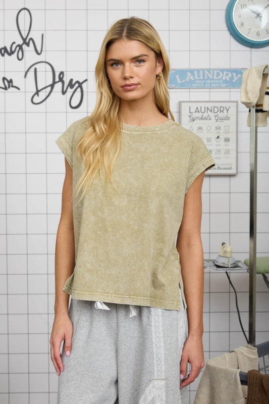blu pepper green mineral wash short sleeve top