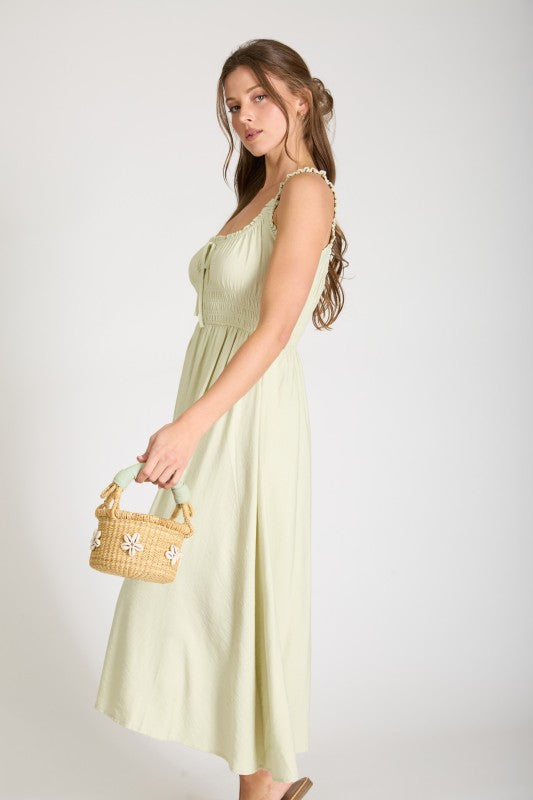 green sleeveless fit and flare midi dress