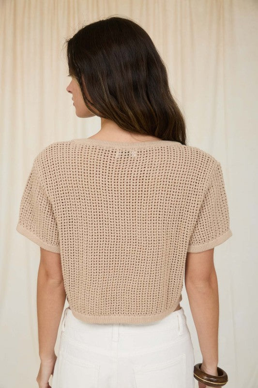 light brown short sleeve cropped sweater