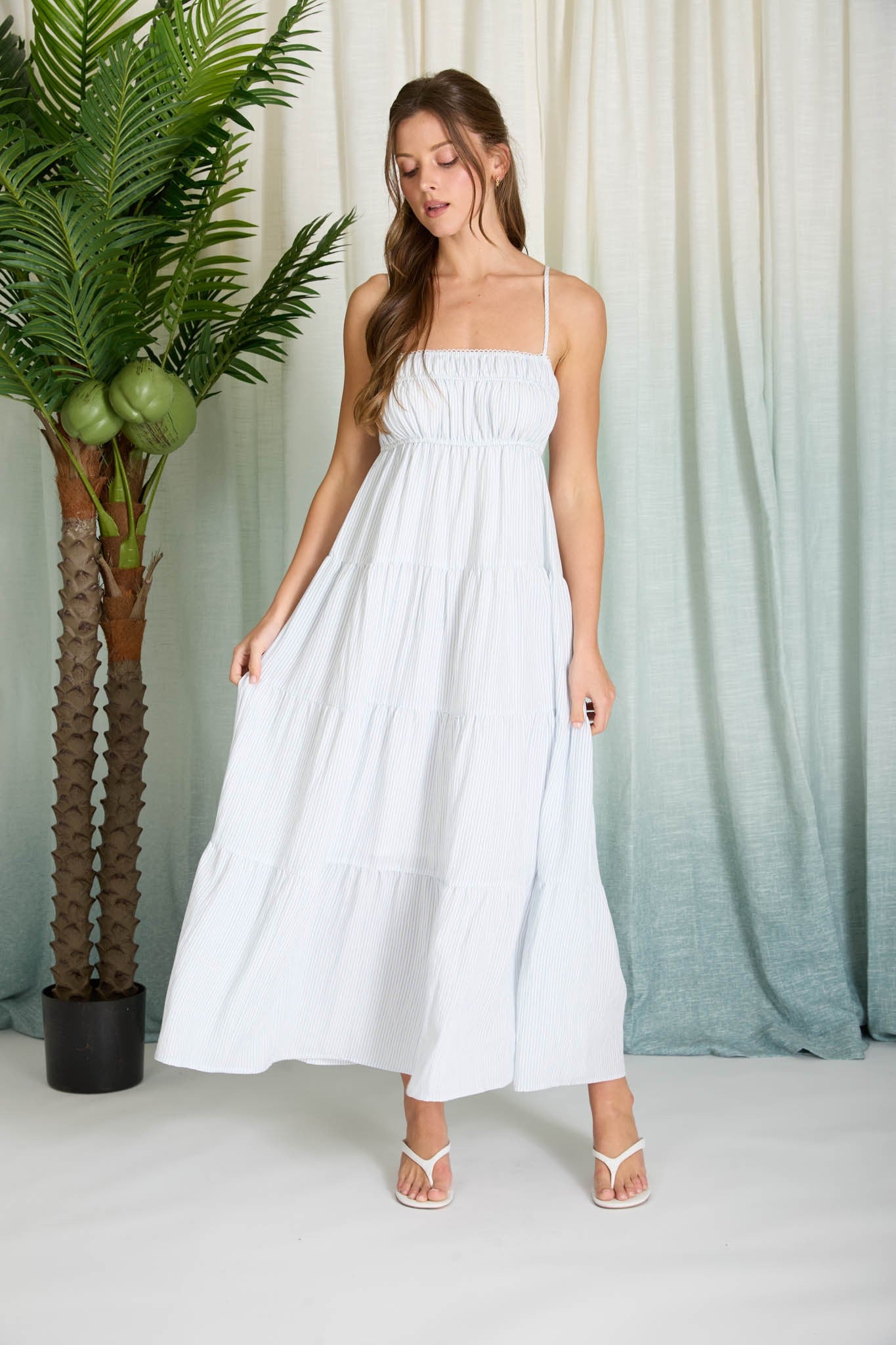 blue striped spaghetti strap dress