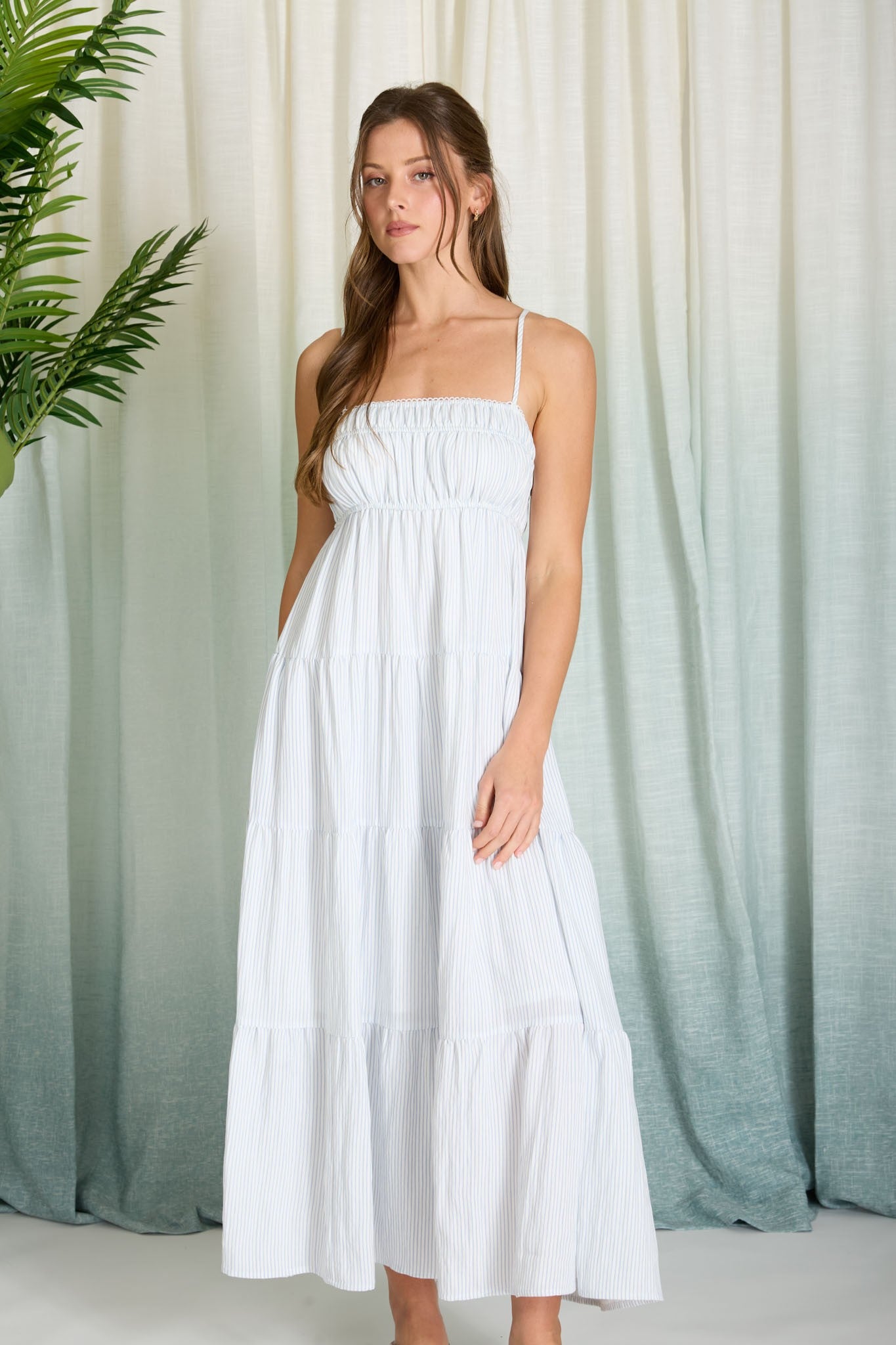 blu pepper light blue pinstriped sleeveless midi dress