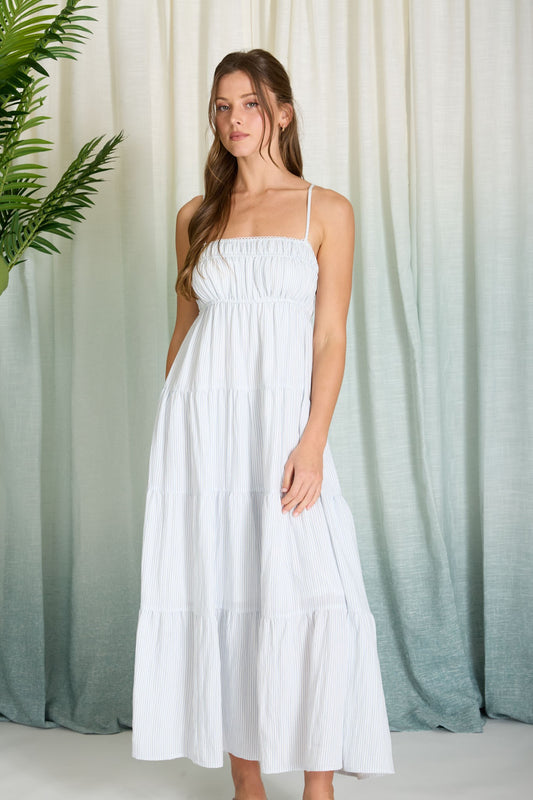 blu pepper light blue pinstriped sleeveless midi dress