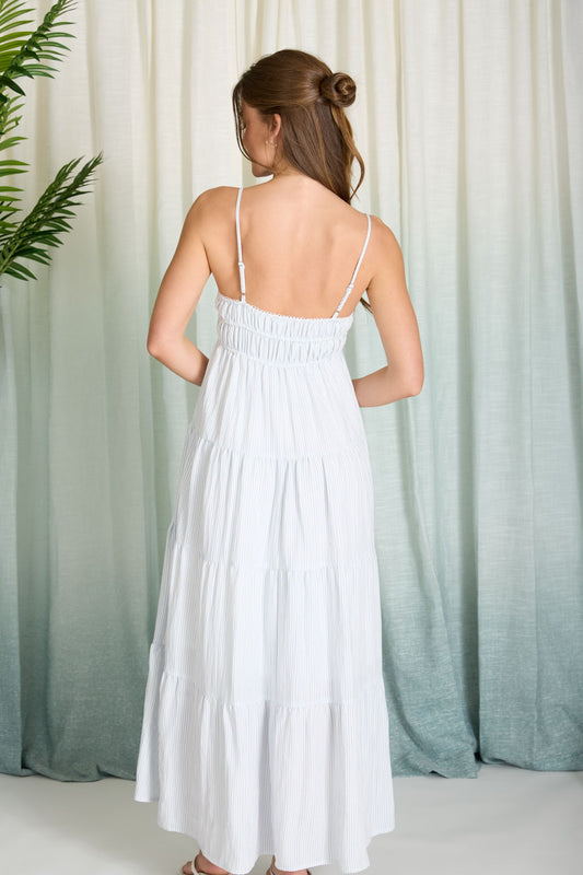 light blue pinstriped long dress