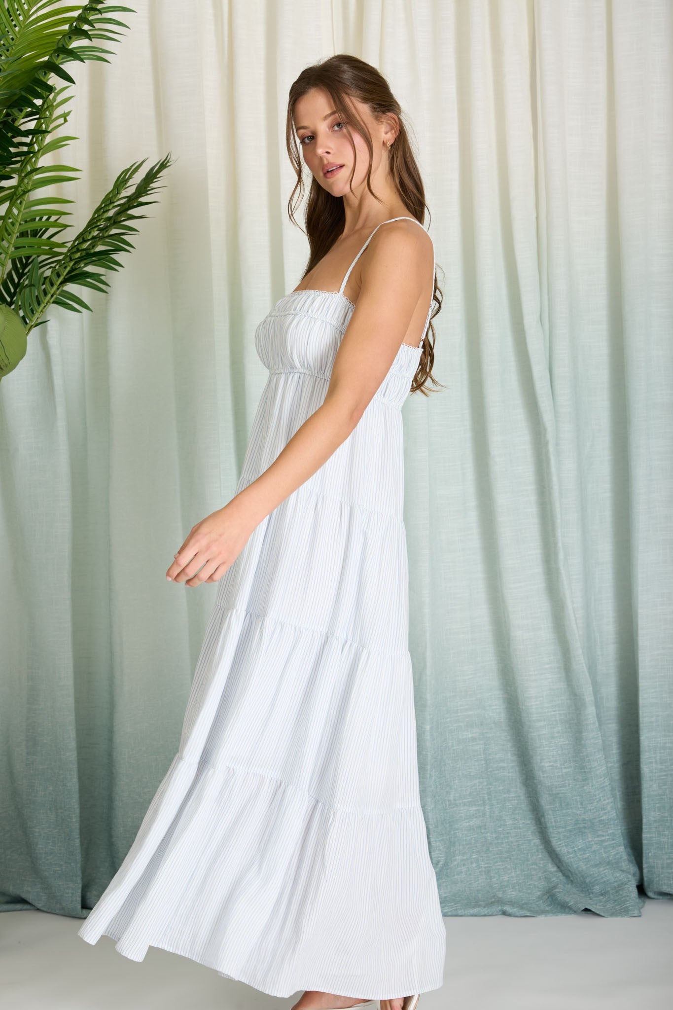 light blue tiered sleeveless dress