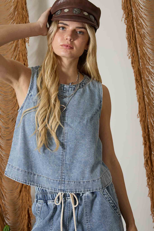 blu pepper medium wash denim top
