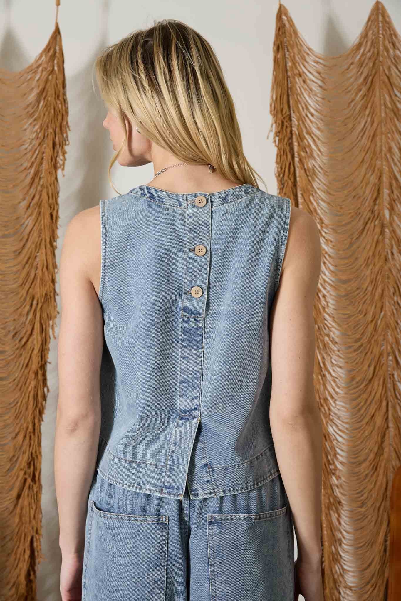 medium blue sleeveless button top