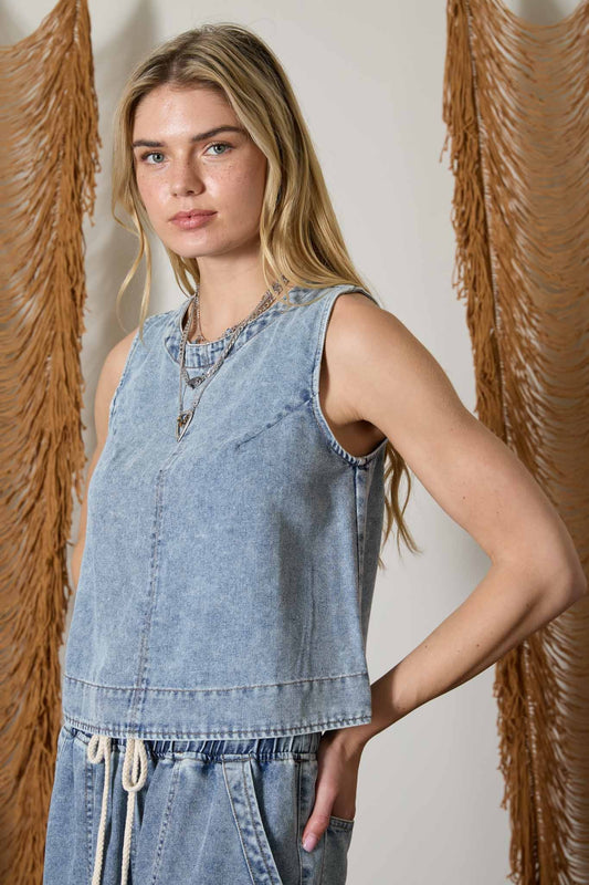 sleeveless medium wash denim top