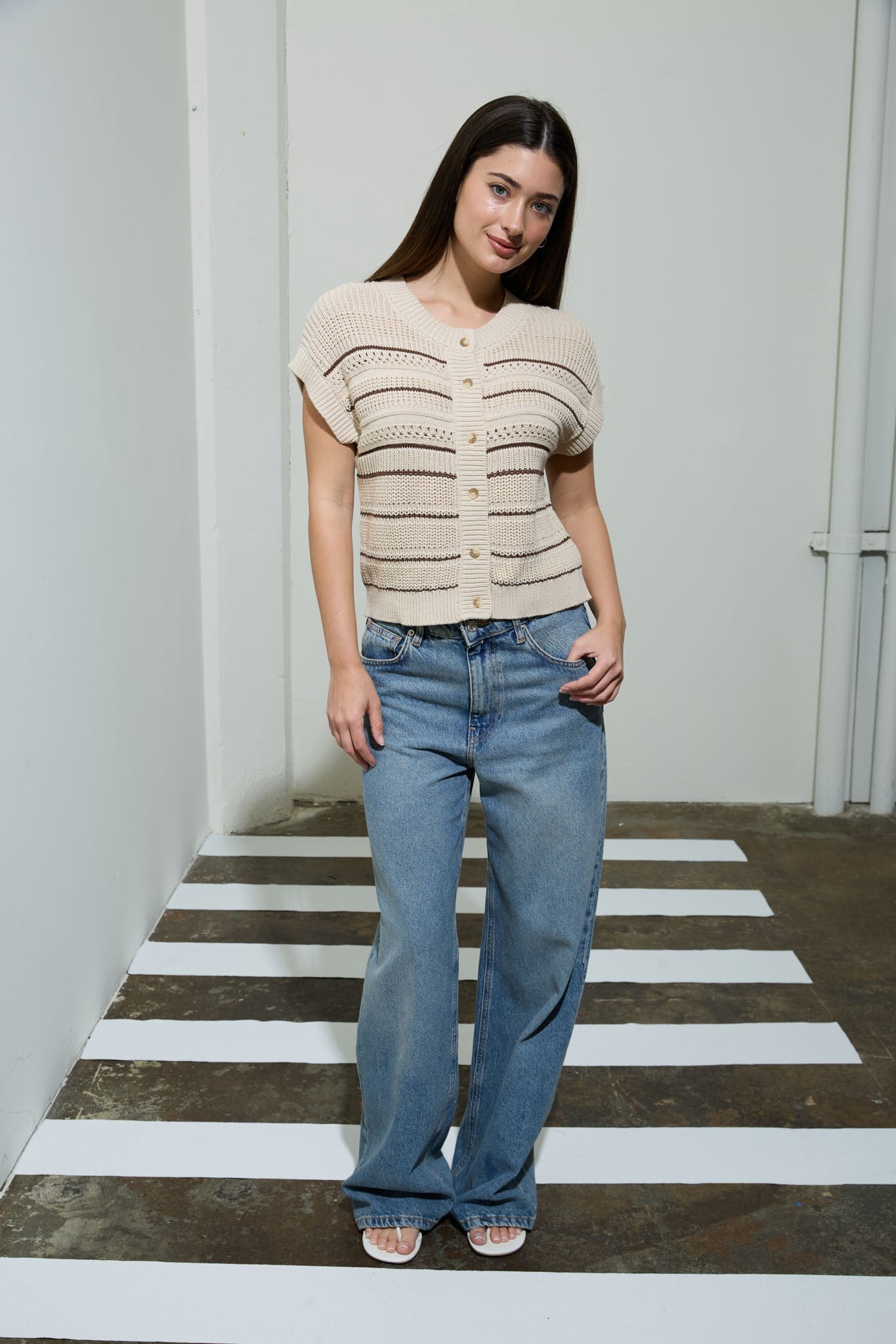 short sleeve knit button top