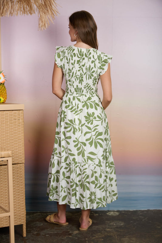 off white and green floral short sleeve long dress