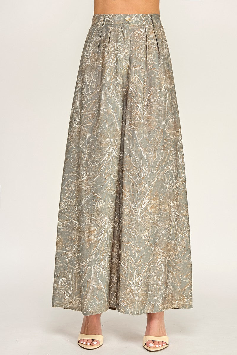 Olive and Brown Leaf Print Wide Leg Pocket Pants