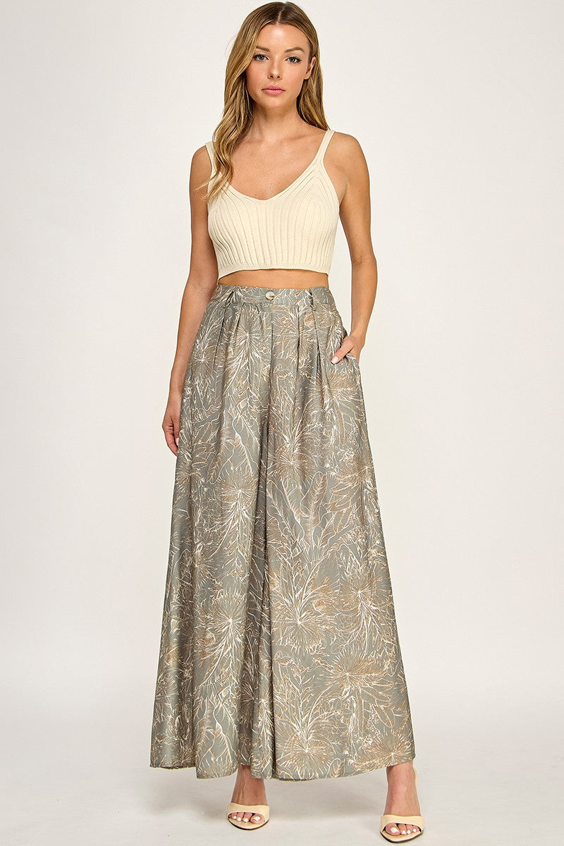 Olive and Brown Leaf Print Wide Leg Pocket Pants