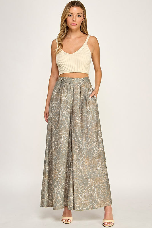 blush and day olive leaf print wide leg pocket pants