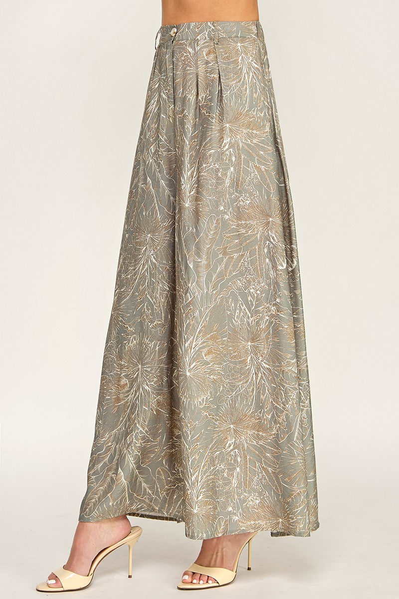 Olive and Brown Leaf Print Wide Leg Pocket Pants