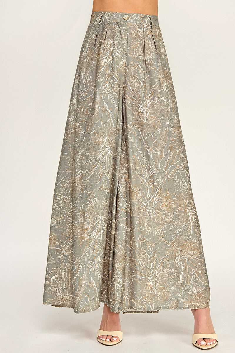 Olive and Brown Leaf Print Wide Leg Pocket Pants