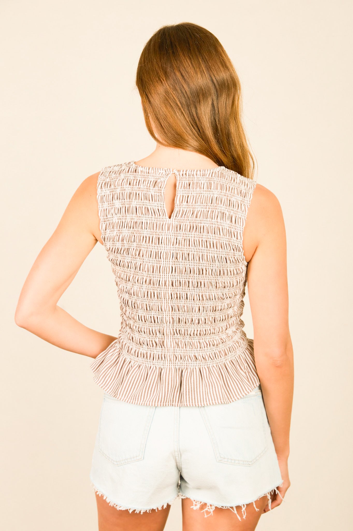 brown striped sleeveless ruffle top