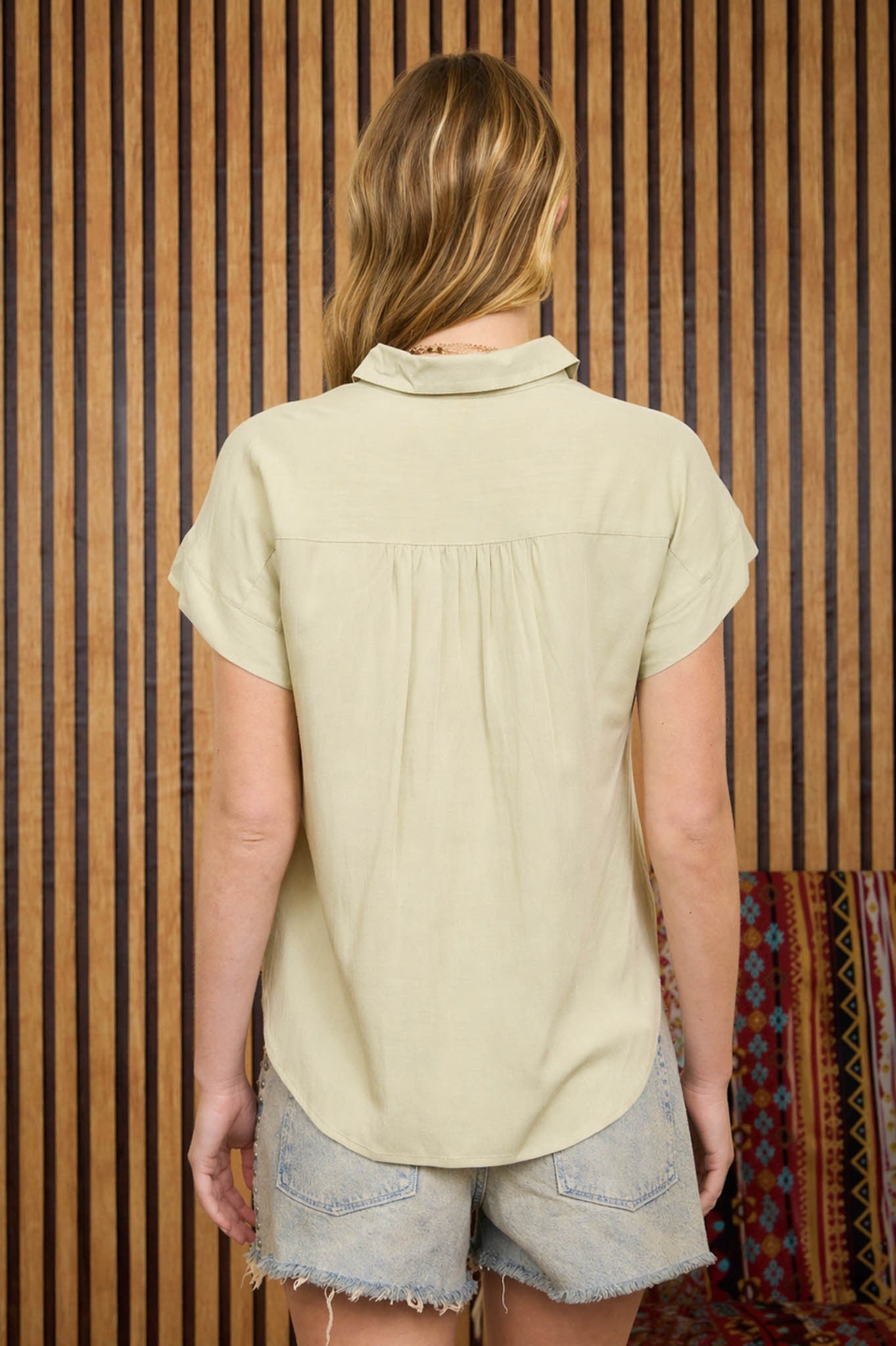 light green button down top