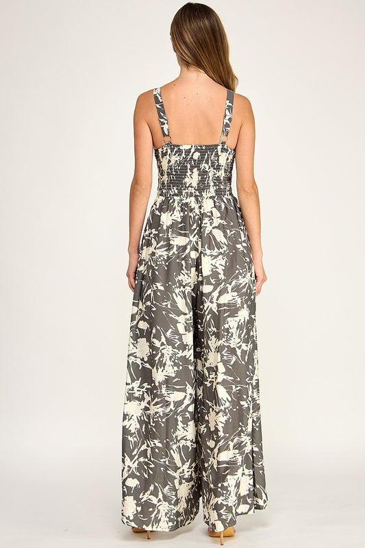 grey floral print sleeveless pocket jumpsuit
