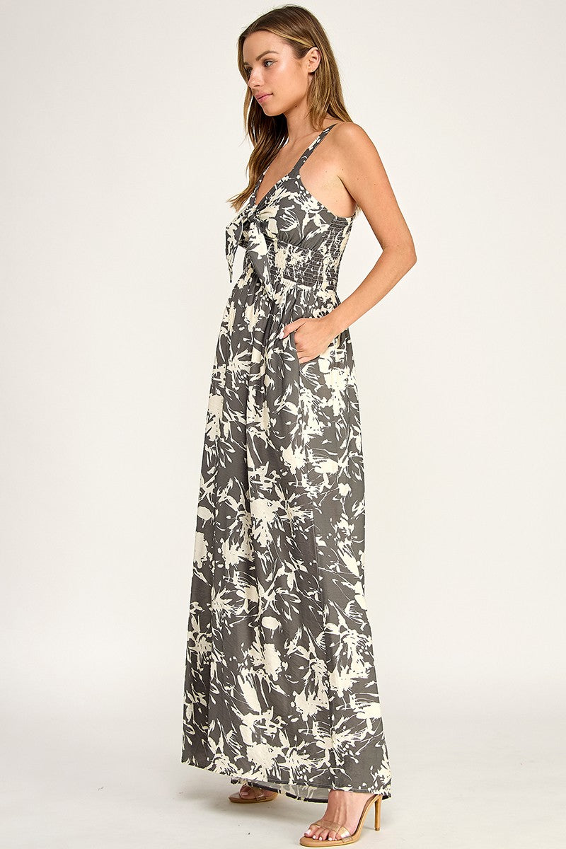 blush and day grey leaf print sleeveless flowy jumpsuit