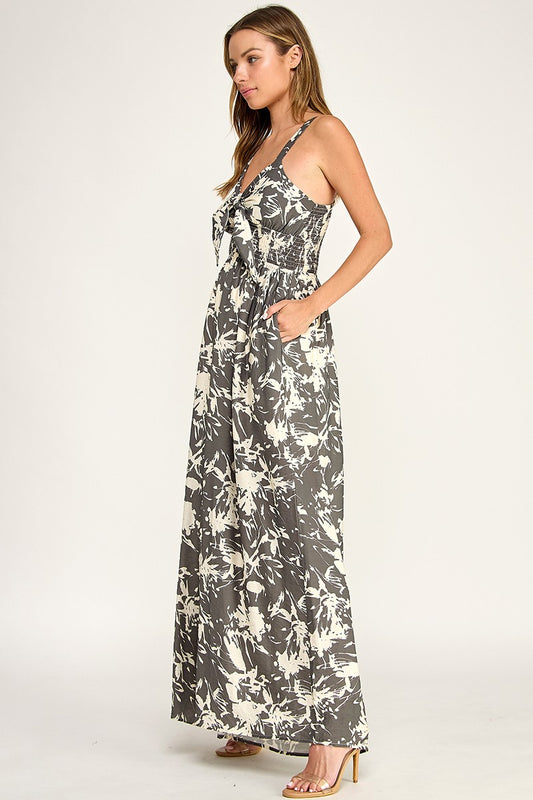 blush and day grey leaf print sleeveless flowy jumpsuit
