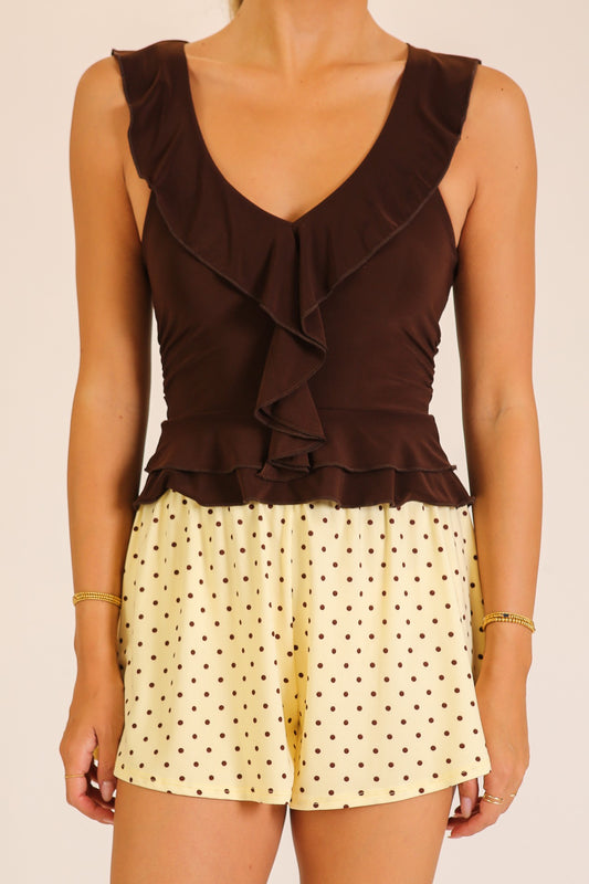 timing brown ruffle sleeveless top