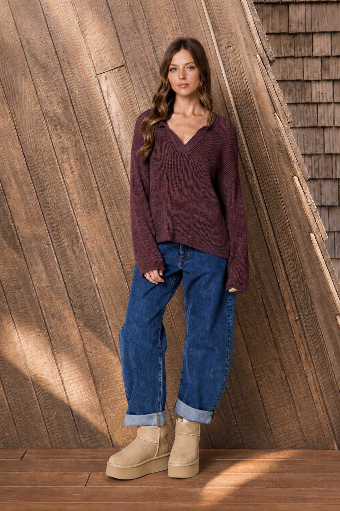 blu pepper plum long sleeve crochet top