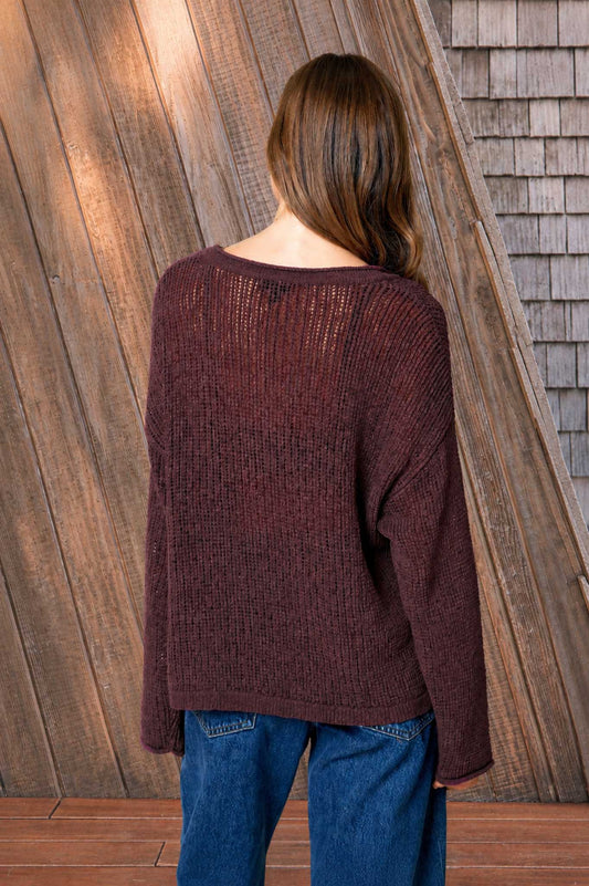 plum sheer long sleeve crochet top