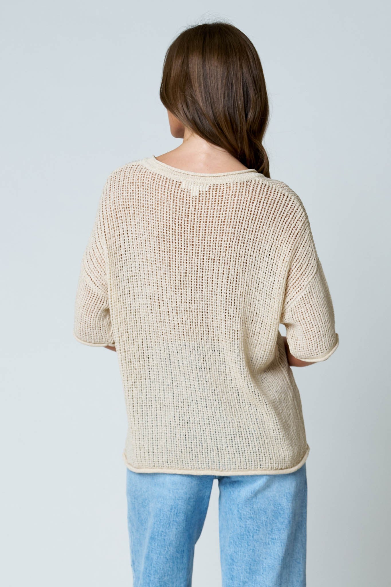beige short sleeve crochet top